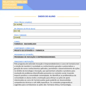 Projeto de Extensão II Farmácia pronto em PDF com portfólio individual e relatório final aprovado